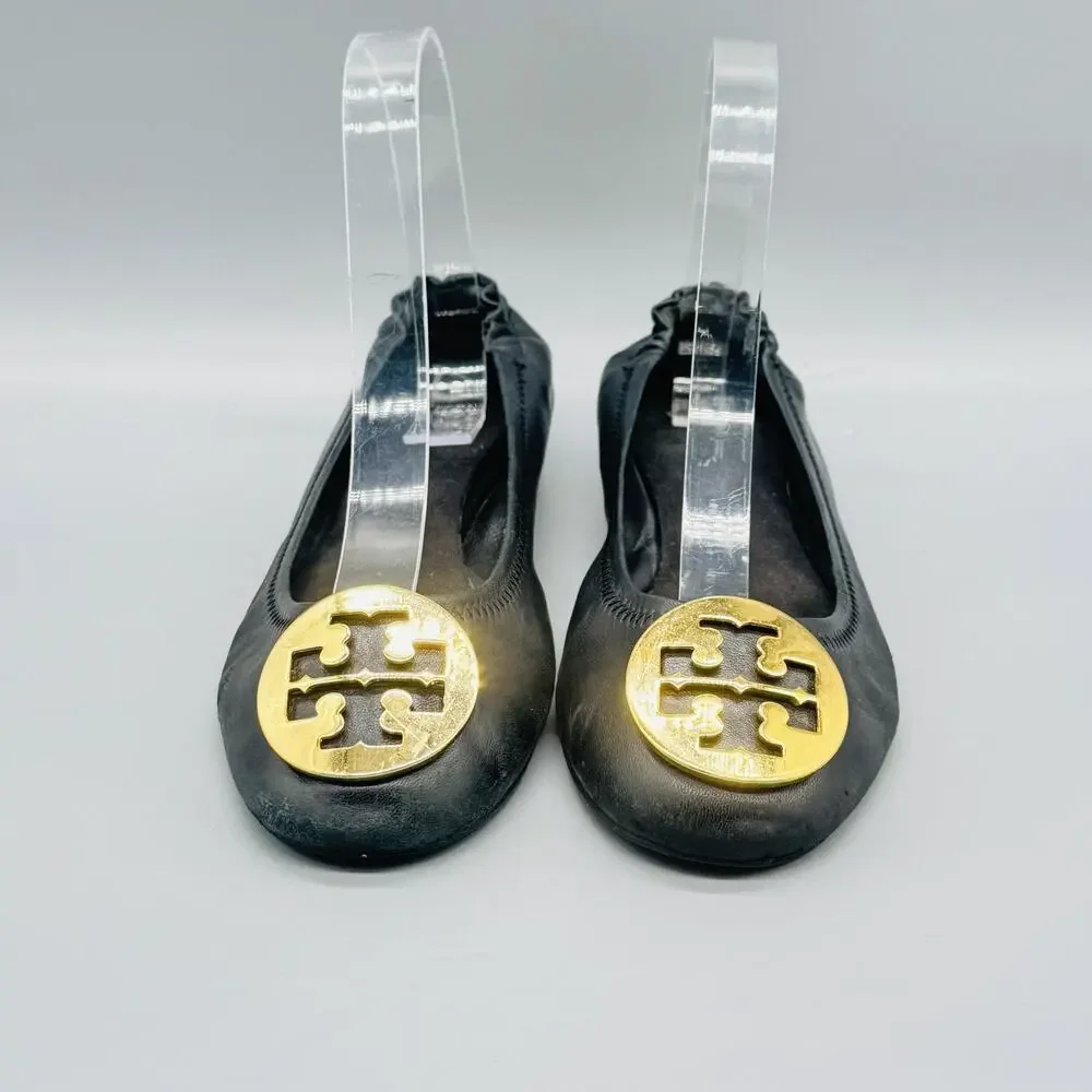 Tory Burch Shoes Womens 6 Black Leather Reva Ballet Flats Gold Logo Slip On